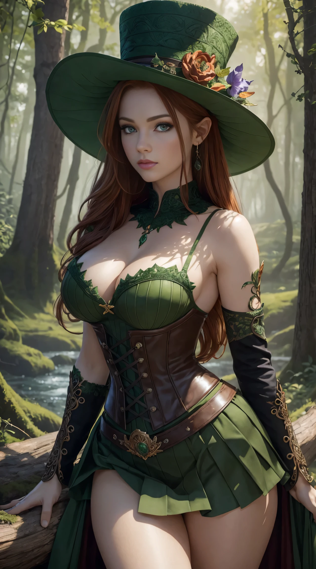 Masterpiece, high details, best quality, 8k, [ultra detailed], masterpiece, best quality, (extremely detailed), dynamic angle, ultra wide shot, RAW, photorealistic, fantasy art, dnd art, rpg art, realistic art, a wide angle picture of a female fairie ranger and her pet fox,  [[anatomically correct]]. dynamic position (1.5 intricate details, Masterpiece, best quality) talking to a fox, red fox, fantasy style, smoothlight (1.6 intricate details, Masterpiece, best quality) in forest (1.5 intricate details, Masterpiece, best quality), a female wearinodest medium length dark green skirt with corset top) with thigh high green stockings and hat (1.4 intricate details, Masterpiece, best quality), thick hair, long hair, auburn red hair, fair skin intense (brown) eyes, forest background (intense details), a stream flowing in the backgraound (1.4 intricate details, Masterpiece, best quality), dawn light, clouds (1.4 intricate details, Masterpiece, best quality), dynamic angle, (1.4 intricate details, Masterpiece, best quality) 3D rendering, high details, best quality, highres, ultra wide angle, celtic fantasy, clover, poison ivy, fae, goddess of mischief, green magic, (wearing green tophat), pixie, fairy, celtic, Autumn, beautiful autumn spirit, fall season, Dark colored roses, perfect creation, perfect art, highly detailed, detailed art, masterpiece, perfect creation, perfect art, (outlined iris), (perfect eyeull figure),