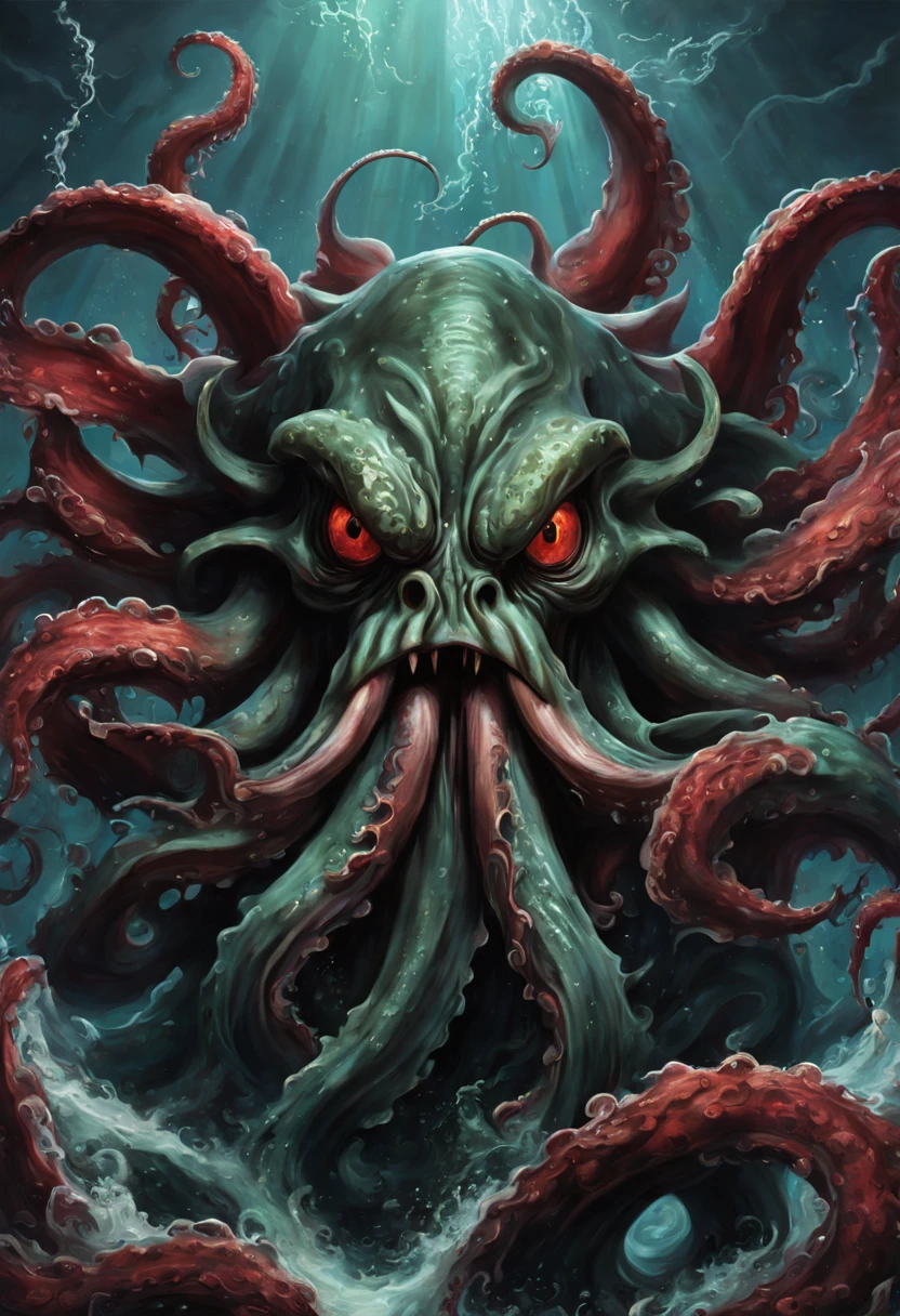 an awe-inspiring portrayal of a monstrous Cthulhu emerges from the depths. Every line and brushstroke bursts with vibrant energy, showcasing the intricate details of the beast's menacing tentacles, adorned with striking shades of black and red. The image, most likely a dynamic and captivating painting, captures the essence of this legendary sea creature: its formidable power, dark allure, and undeniable presence. With meticulous precision, the artist masterfully captures the Kraken's fierce gaze and the intensity of its wrath, making this a mesmerizing and top-tier representation to behold.