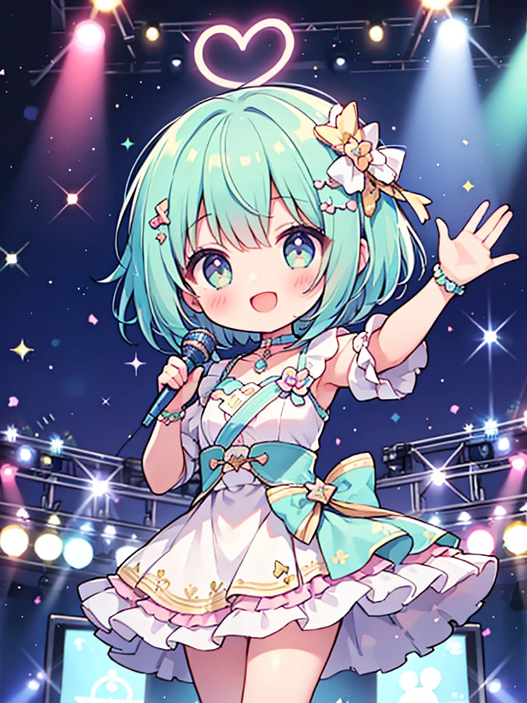Highest quality、High resolution、Detailed Background、Beautiful face in every detail、Anatomically correct、Detailed facial expressions、fine grain、((From the side))、((One Girl))、Chibi Girl、 fashion model, silver Hair、beautiful clear big green eyes、Braided Bob, break (Sleeveless super shiny tight red dress, high heel, background is a runway with a large audience、 Very big smile、((trademark pose:1.3))、