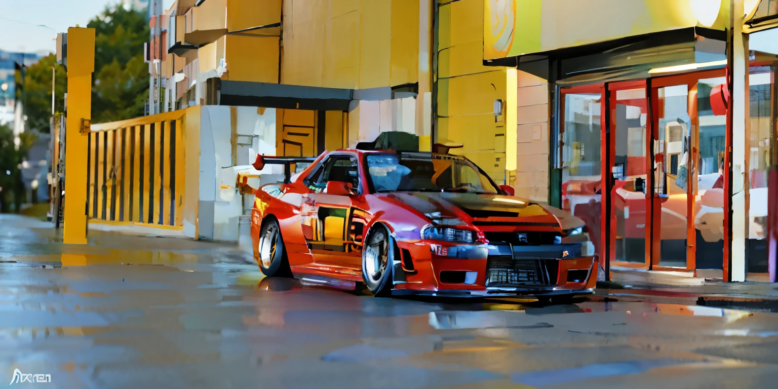 realistic, of a car with a large hood parked in front of a building, japanese drift car, kentaro miura style, r 32, racecar, realistic car wrap, drifting around a corner, race car, [ digital art ]!!, wide body, rendering, digital art. @mariomaniacdude, front profile!!!!, 3 d render, the light is on, night atmosphere, there is a puddle of water on the road, realistic