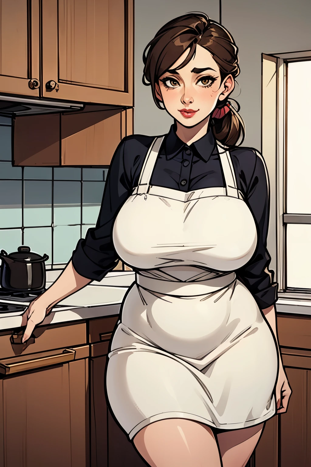 ((best quality)), ((perfect face)), ((adult woman)), ((housewife)), ((milf)), brown hair, hair tied in a low side ponytail, light brown eyes, pale skin, peach lips, huge breasts, wide hips , wide thighs, plump belly, flat shoes, white small apron, yellow dress, soft smile, kitchen, neardy window 