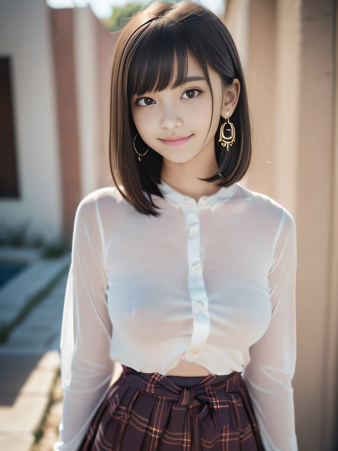 (surrealism, RAW photo, nikon, 8K, Super detailed, masterpiece, advanced details, intricate details, Super detaileded, realistic lighting), 
(anatomically correct, High-precision human body, highly detailed face, realistic skin, realistic depiction of characters), 
(, Japanese younger sister, Japanese high school girl, slim waist and busty body, baby face, Sr Girl, Affectionate and cute, pretty girl, Surreal Girl), 
(round face, black hair, short bob cut, see-through bangs, lowered eyebrows, troubled eyebrows, lowered eyebrows, Moist eyes, 1 small earring, light blush), 
(Elegant smile), 
(Colorful long-sleeved shirt, plaid maxi long skirt), 
Natural light, full length, whole body