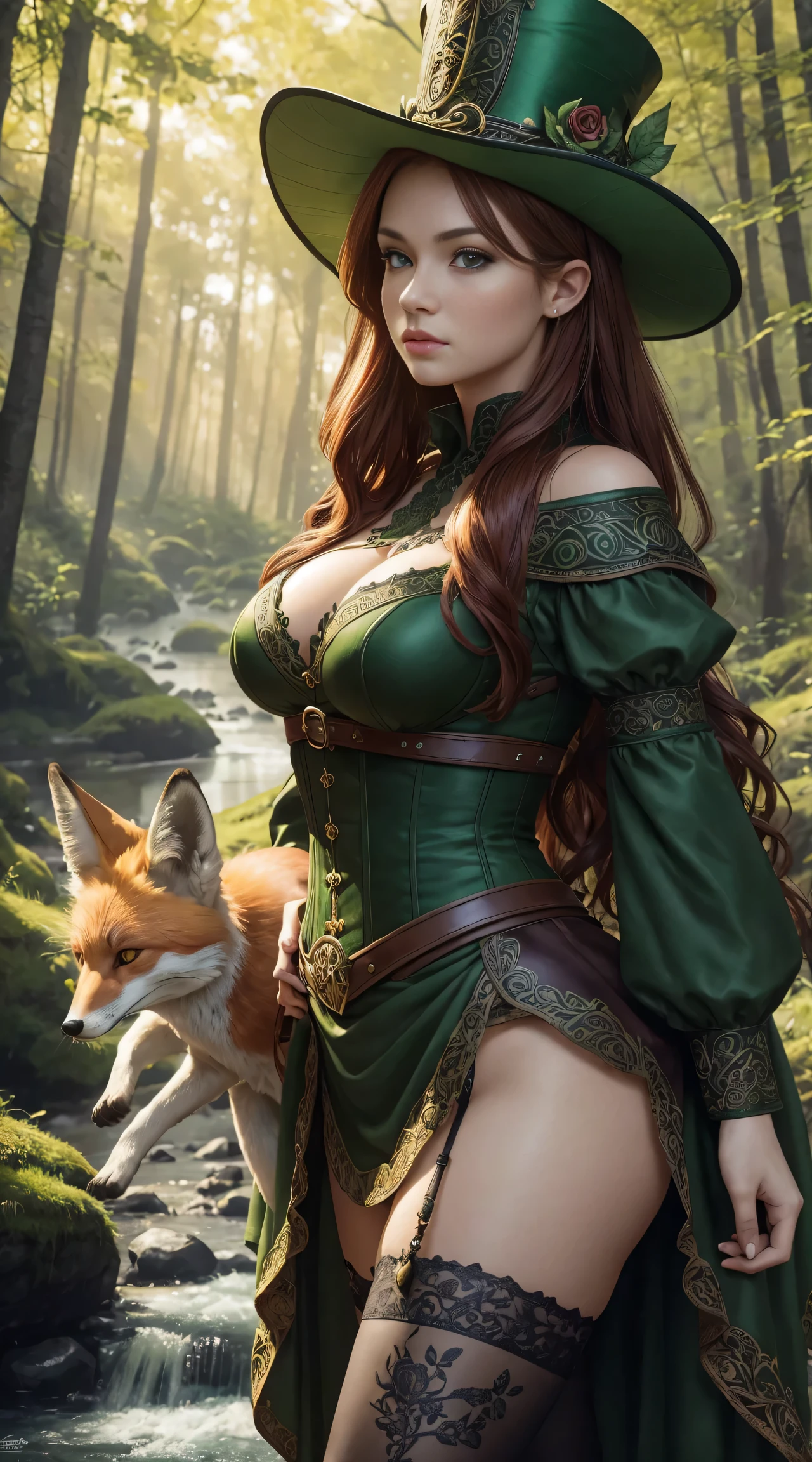 Masterpiece, high details, best quality, 8k, [ultra detailed], masterpiece, best quality, (extremely detailed), dynamic angle, ultra wide shot, RAW, photorealistic, fantasy art, dnd art, rpg art, realistic art, a wide angle picture of a female fairie ranger and her pet fox,  [[anatomically correct]]. dynamic position (1.5 intricate details, Masterpiece, best quality) talking to a fox, red fox, fantasy style, smoothlight (1.6 intricate details, Masterpiece, best quality) in forest (1.5 intricate details, Masterpiece, best quality), a female wearinodest medium length dark green skirt with corset top) with thigh high green stockings and hat (1.4 intricate details, Masterpiece, best quality), thick hair, long hair, auburn red hair, fair skin intense (brown) eyes, forest background (intense details), a stream flowing in the backgraound (1.4 intricate details, Masterpiece, best quality), dawn light, clouds (1.4 intricate details, Masterpiece, best quality), dynamic angle, (1.4 intricate details, Masterpiece, best quality) 3D rendering, high details, best quality, highres, ultra wide angle, celtic fantasy, clover, poison ivy, fae, goddess of mischief, green magic, (wearing green tophat), pixie, fairy, celtic, Autumn, beautiful autumn spirit, fall season, Dark colored roses, perfect creation, perfect art, highly detailed, detailed art, masterpiece, perfect creation, perfect art, (outlined iris), (perfect eyeull figure),