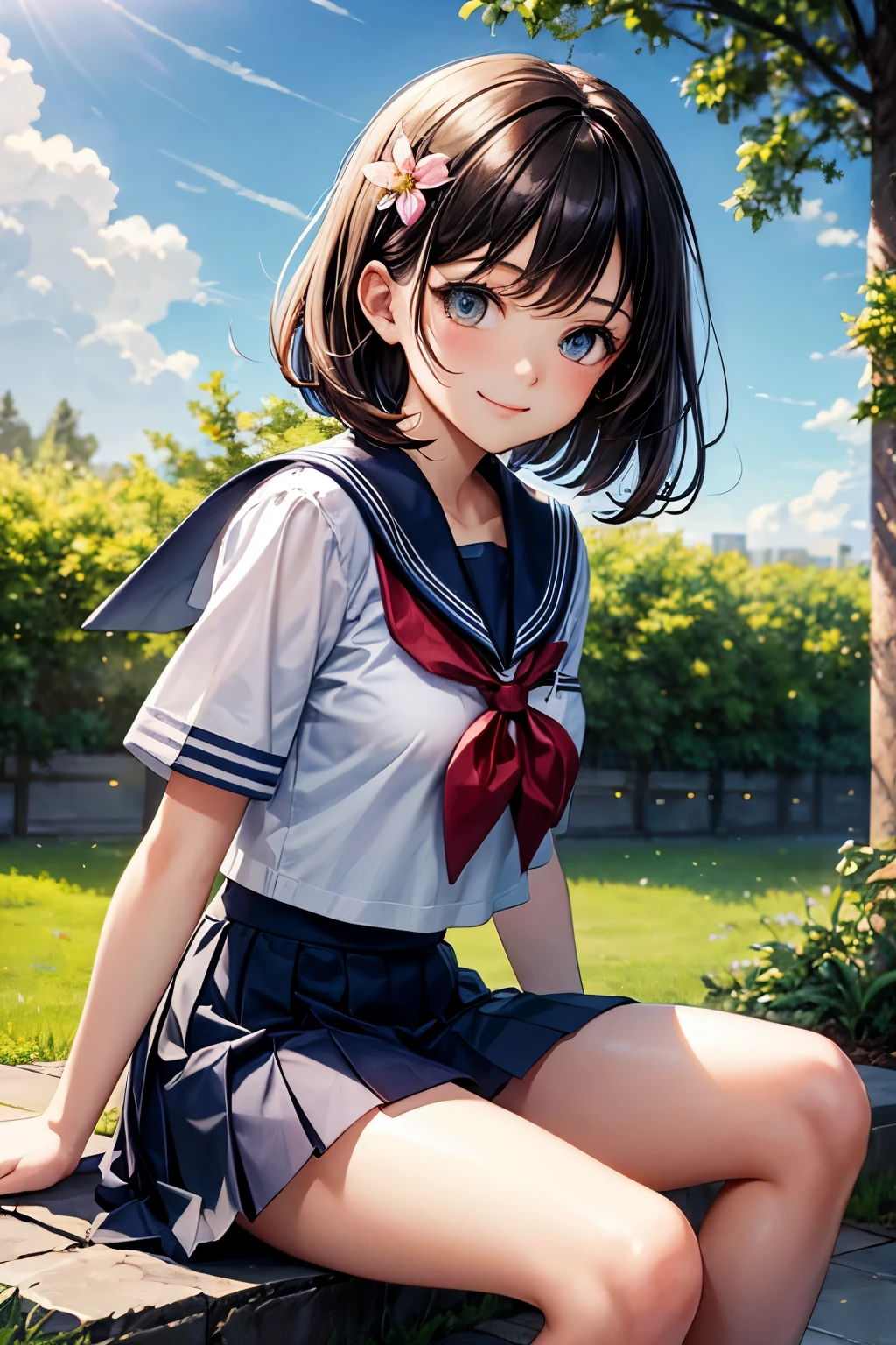 very cute and beautiful school girl,teen,(highly detailed beautiful face and eyes:1.2),
smile,(sailor school uniform),(pleated navy blue mini skirt),
sitting on park bench,spread legs,white panties,dynamic angle,looking at viewer,black hair,
flower garden,stone stairs,shrubbery,(best quality,masterpiece:1.2),intricate details,extremely detailed,
8k resolution,solo,hair fluttering in the wind,beautiful detailed sky,