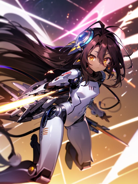 Masterpiece, Top quality, high resolution, highres, 8k, best quality, HD, , 1 male, shota, cute, innocent, ((dark skin)), orange eyes, otokonoko, dark brown hair long hair in a side-swept style smooth, wearing an a white fullbody bodysuit, exosuit armour parts, armoured exosuit armour waist attachment, gauntlets, cute artstyle, stand still, close up, (Shuvi), (deus ex machina race), (no game no life), thicc thighs, wide waist, Infinite stratos mecha Mode