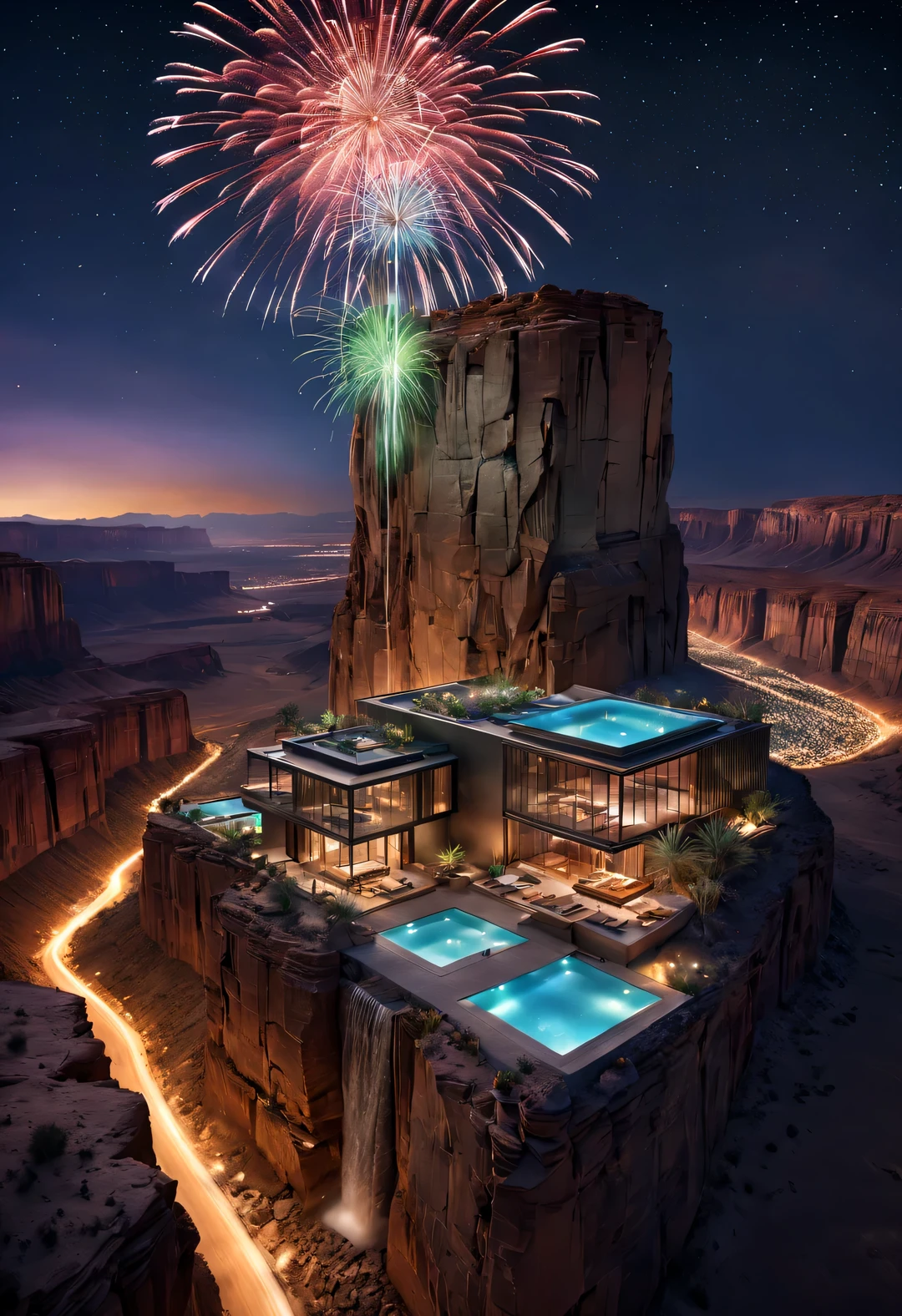 The design of desert canyon cliff holiday wild luxury building flying in the sky, and the natural environment are in harmony and symbiosis, desert canyon night, aurora, stars. Lots of fireworks.,by John Pawson,by Rem Koolhaas,moonlight,aerial view, perspective, top-view, extremely detailed, best quality, masterpiece, high resolution, Hyperrealistic, 8K, top-view, high angle view,