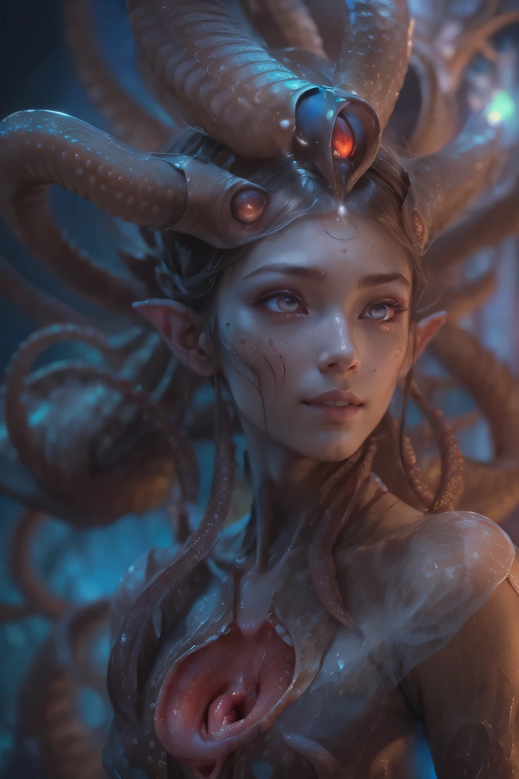 Portrait, (beautiful female alien:1.2), (she has red eyes with no pupils:1.8), (Translucent skin:1.7), (There is a female genital-like organ in the middle of the forehead..:1.9), (The most beautiful face in the history of the universe:1.2),an evil gaze that seduces, (large mouth:1.1), (sharp teeth like a vampire:1.2), full body portrait, (bio luminescent:1.5), (Smile wickedly:1.3), (sexypose:1.5), alien, No humans, cells are fused, (Lots of translucent tentacles:1.3) extraterrestrial, cell, bio image, best quality, 8K,In 4K_quality, High Definition, Dramatic Lighting, masutepiece:1.5,cinematic quality, detail up, (elaborate details:1.2), high resolution, High Definition, drawing faithfully, (Thick eyebrows:1.2), Beautiful eyes with fine symmetry,(Highly detailed face and eyes:1.2), Intimate face, (Super detailed skin quality feeling:1.4), perfect anatomy, (Beautiful toned body:1.5), (Moist skin:1.2), No makeup, (dark circles:1.1), long canines, cinematic drawing of characters, ultra high quality model, cinematic quality, detail up, (elaborate details:1.2), high resolution, High Definition, drawing faithfully, official art, Unity 8K Wall , 8K Portrait, best quality, Very high resolution, ultra detailed artistic photography, midnight aura, unreal enginee 5, Ultra Sharp Focus, art by alberto seveso, ArtGerm, Roisch, intricate artwork, best quality, masutepiece, ultra high resolution, (photos realistic:1.4), ultra realistic realism, dream-like, rainbow colored nautilus, Creation of fantasy, Snail, Dream Snail, (Biopunk Nautilus:1.3), Thrilling color schemes, ultra realistic realism, seductively smiling, Blue tentacles,
