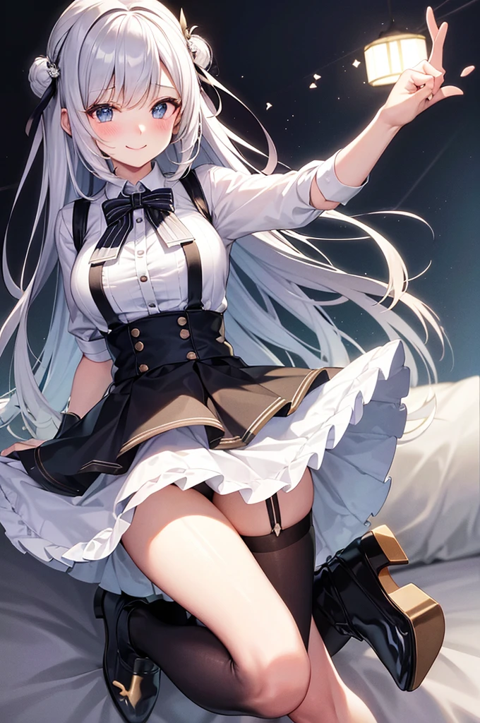 Best Quality, ultra-detailliert, Illustration, silber hair, Aimei, suspenders,skirt by the,embarrassed from,breastsout,a bed,tights, smiling face