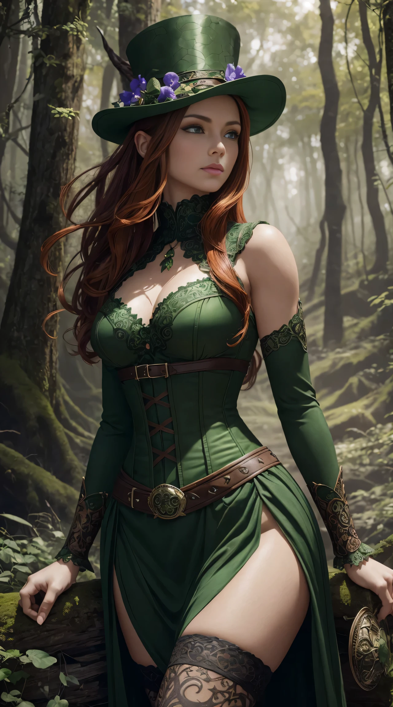 Masterpiece, high details, best quality, 8k, [ultra detailed], masterpiece, best quality, (extremely detailed), dynamic angle, ultra wide shot, RAW, photorealistic, fantasy art, dnd art, rpg art, realistic art, a wide angle picture of a female fairie ranger and her pet fox,  [[anatomically correct]]. dynamic position (1.5 intricate details, Masterpiece, best quality) talking to a fox, red fox, fantasy style, smoothlight (1.6 intricate details, Masterpiece, best quality) in forest (1.5 intricate details, Masterpiece, best quality), a female wearinodest medium length dark green skirt with corset top) with thigh high green stockings and hat (1.4 intricate details, Masterpiece, best quality), thick hair, long hair, auburn red hair, fair skin intense (brown) eyes, forest background (intense details), a stream flowing in the backgraound (1.4 intricate details, Masterpiece, best quality), dawn light, clouds (1.4 intricate details, Masterpiece, best quality), dynamic angle, (1.4 intricate details, Masterpiece, best quality) 3D rendering, high details, best quality, highres, ultra wide angle, celtic fantasy, clover, poison ivy, fae, goddess of mischief, green magic, (wearing green tophat), pixie, fairy, celtic, Autumn, beautiful autumn spirit, fall season, Dark colored roses, perfect creation, perfect art, highly detailed, detailed art, masterpiece, perfect creation, perfect art, (outlined iris), (perfect eyeull figure),