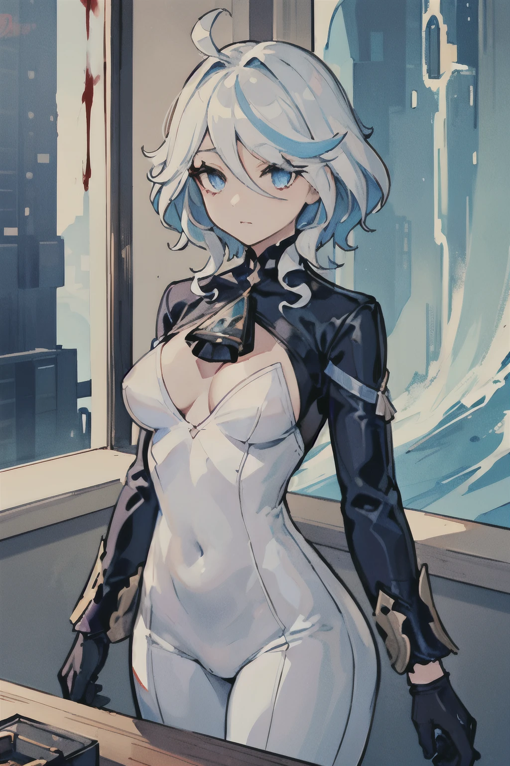 16k,The beautiful, On a table, Best quality at best, The facial details are particularly rich, perfect litthing,1 girl in、long coat of black color.Short hair details、holding an axe、Abandoned hospitals、、With stains of blood、terrified face、staring at this、There are blood stains on his clothes、dark horror、tightsuit, skin tight, latex,White jumpsuit,White jumpsuit, shinning clothes, Shiny, Cover the navel, Steaming,tmasterpiece, Best quality, 1 Sister, Forina, genshin impact, White hair, Blue hair, flatchest, tear pupil, sad, Critical hit rate, Under water, airbubble, bigger, falling into oblivion,White latex coat, abandoned city lock,hair covering one eye,((Gradient hair)), A thin body,Beautiful blood red eyeshadow,Wearing long white gloves:1.a purple eye:1 white hair, Blue hair:1.3, Ultra-detailed eyes