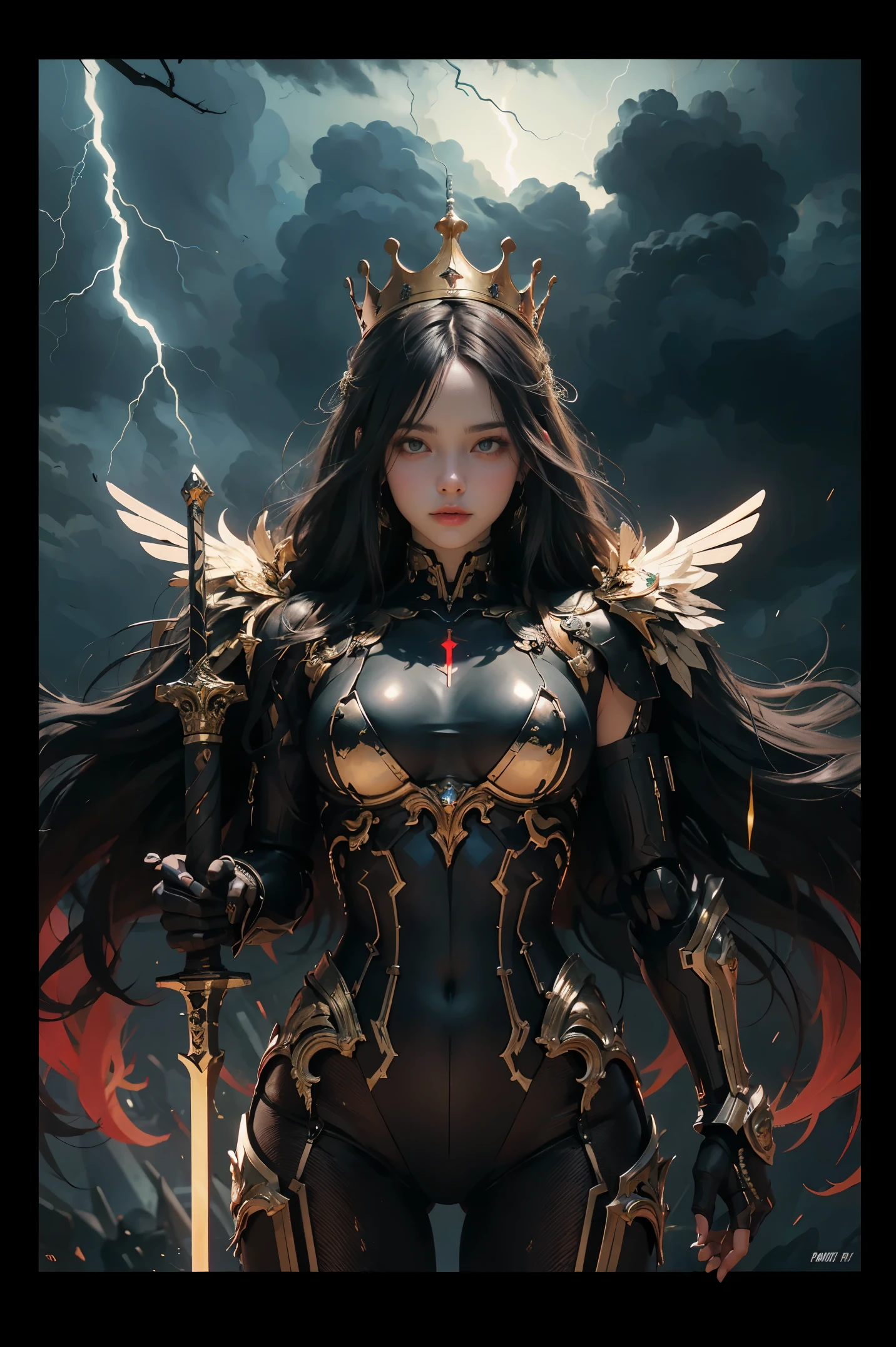 winged gold gigantic Ultra digital humanoid strongest futuristic robot,and Its right hands holding huge long sword. and red digital front screen display the text "Serang Banten" with LED light,and futuristic king crown on it head, flying with heavy shining plated armor lot of storm in it body, and green lightning,red led light in it bod,dark background the crowd soldier, top view and it eye look to camera 4K quality photo, nfsw