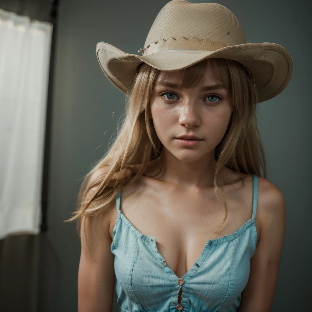 1girl, cute blonde girl, hair bangs, cowboy hat, brown cowboy dress, cyan eyes, ultra realistic soft skin, extreme detail, high masterpiece, 8k, photography, studio light, ultra realistic lighting, high realistic ray tracing, RAW photo, photo studio, perfect detailed cute face, perfect age details