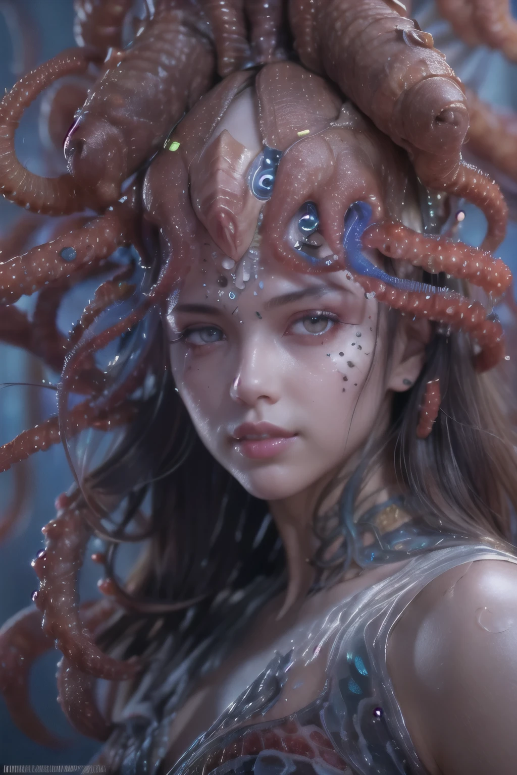Portrait, (beautiful female alien:1.2), (she has red eyes with no pupils:1.8), (Translucent skin:1.7), (There is a female genital-like organ in the middle of the forehead..:1.9), (The most beautiful face in the history of the universe:1.2),an evil gaze that seduces, (large mouth:1.1), (sharp teeth like a vampire:1.2), full body portrait, (bio luminescent:1.5), (Smile wickedly:1.3), (sexypose:1.5), alien, No humans, cells are fused, (Lots of translucent tentacles:1.3) extraterrestrial, cell, bio image, best quality, 8K,In 4K_quality, High Definition, Dramatic Lighting, masutepiece:1.5,cinematic quality, detail up, (elaborate details:1.2), high resolution, High Definition, drawing faithfully, (Thick eyebrows:1.2), Beautiful eyes with fine symmetry,(Highly detailed face and eyes:1.2), Intimate face, (Super detailed skin quality feeling:1.4), perfect anatomy, (Beautiful toned body:1.5), (Moist skin:1.2), No makeup, (dark circles:1.1), long canines, cinematic drawing of characters, ultra high quality model, cinematic quality, detail up, (elaborate details:1.2), high resolution, High Definition, drawing faithfully, official art, Unity 8K Wall , 8K Portrait, best quality, Very high resolution, ultra detailed artistic photography, midnight aura, unreal enginee 5, Ultra Sharp Focus, art by alberto seveso, ArtGerm, Roisch, intricate artwork, best quality, masutepiece, ultra high resolution, (photos realistic:1.4), ultra realistic realism, dream-like, rainbow colored nautilus, Creation of fantasy, Snail, Dream Snail, (Biopunk Nautilus:1.3), Thrilling color schemes, ultra realistic realism, seductively smiling, Blue tentacles,