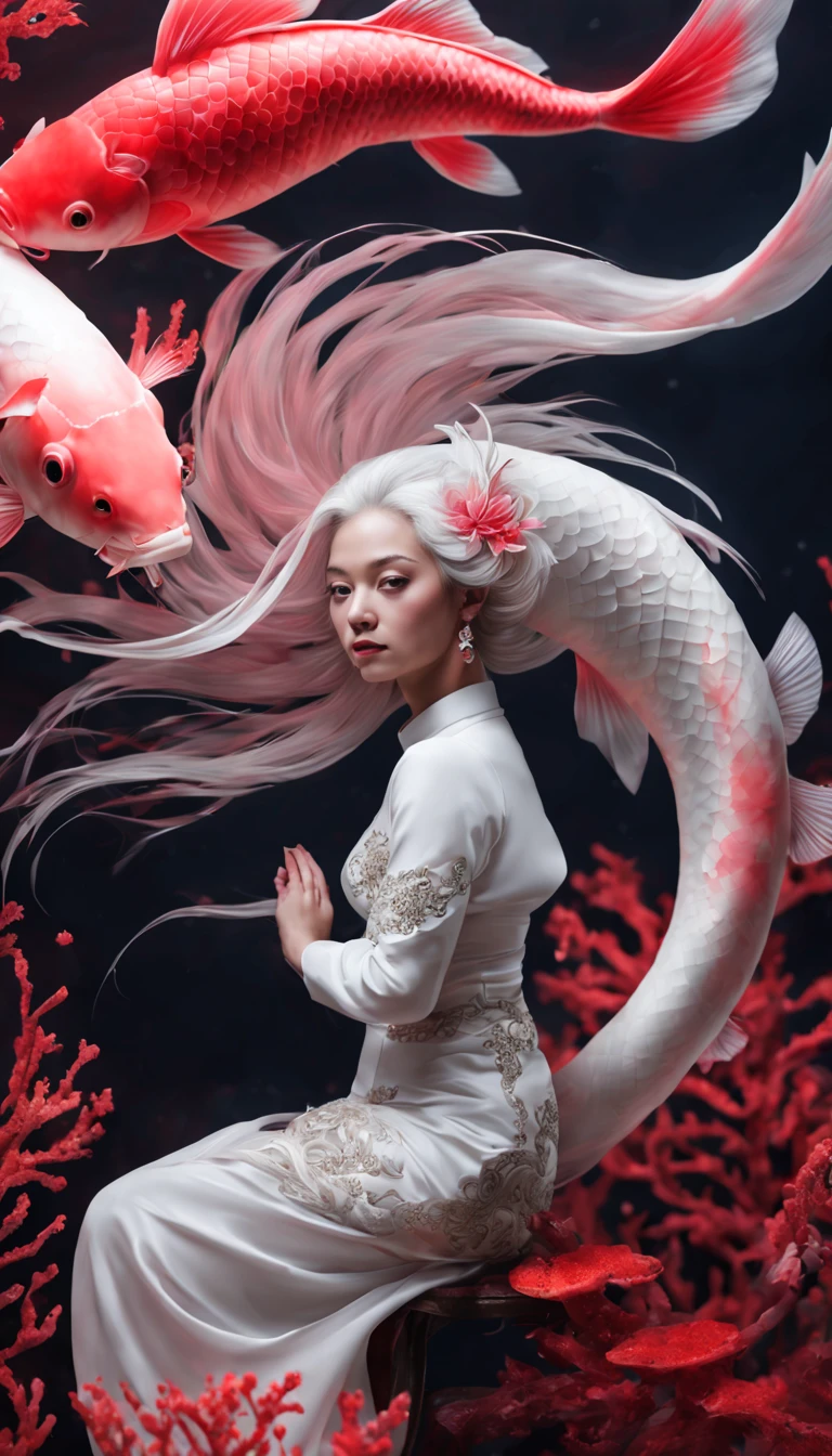 photo RAW, (Black, dark red and neon pink : Portrait of 2 ghostly long tailed white koi, woman, shiny aura, highly detailed, red filigree, intricate motifs, organic tracery, glowing stardust , perfect composition, smooth, sharp focus, sparkling particles, lively coral reef background Realistic, realism, hd, 35mm photograph, 8k), masterpiece, award winning photography, natural light, perfect composition, high detail, hyper realistic