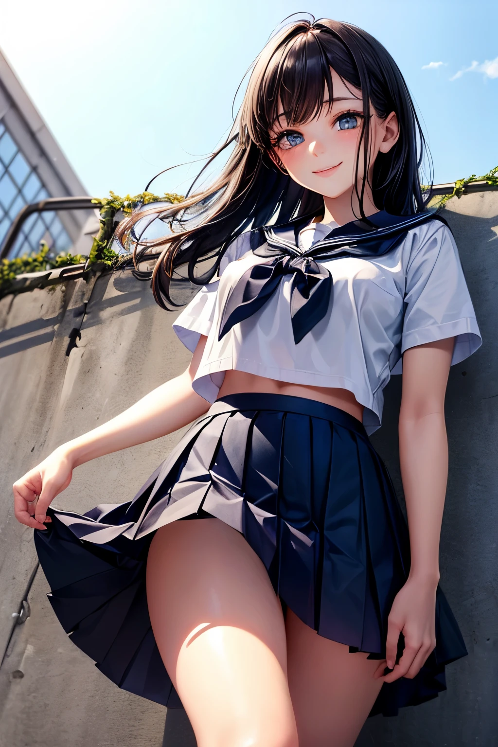 very cute and beautiful girl,(highly detailed beautiful face and eyes:1.2),
smile,black hair,sailor school uniform,pleated navy blue mini skirt,(from below),white panties,
summer,school rooftop,building,chain-link fence,
(best quality,masterpiece:1.2),intricate details,extremely detailed,highres,solo,cinematic lighting,