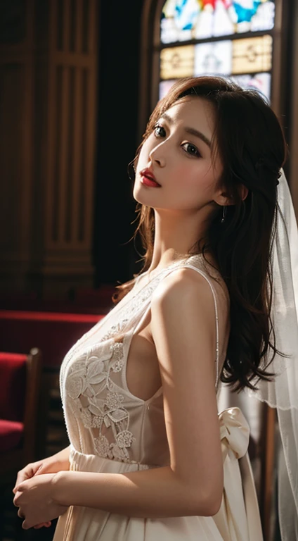 (​Masterpiece、quality、detail、high resolution、extremely delicate and beautiful:1.3)、 beautifuly detaild skin, 错综复杂的detail, Super detailed, movie lighting,beautiful woman、Wedding dress、majestic church