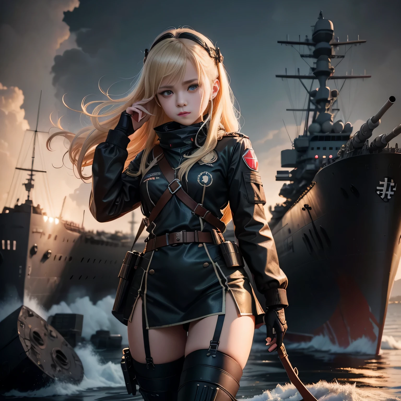 Destroyed aircraft carrier, nazi girl , Nazi anime girls , , Germany,  Full body composition of young girl with messy bright blonde hair, eye make up, 13 year old,  Soft lighting, Solo,, badges, Pose, Black color, Octane Render, Hyperrealistic intricate detail, Cinematic, 8K resolution, 70mm, Accent Lighting, Global Illumination, Full body portrait, clean detailed faces, poneyTail,Cute face,, Slim legs,Combat Armor,long court,full face helmet,Battleship Deck,Destroyed battleship