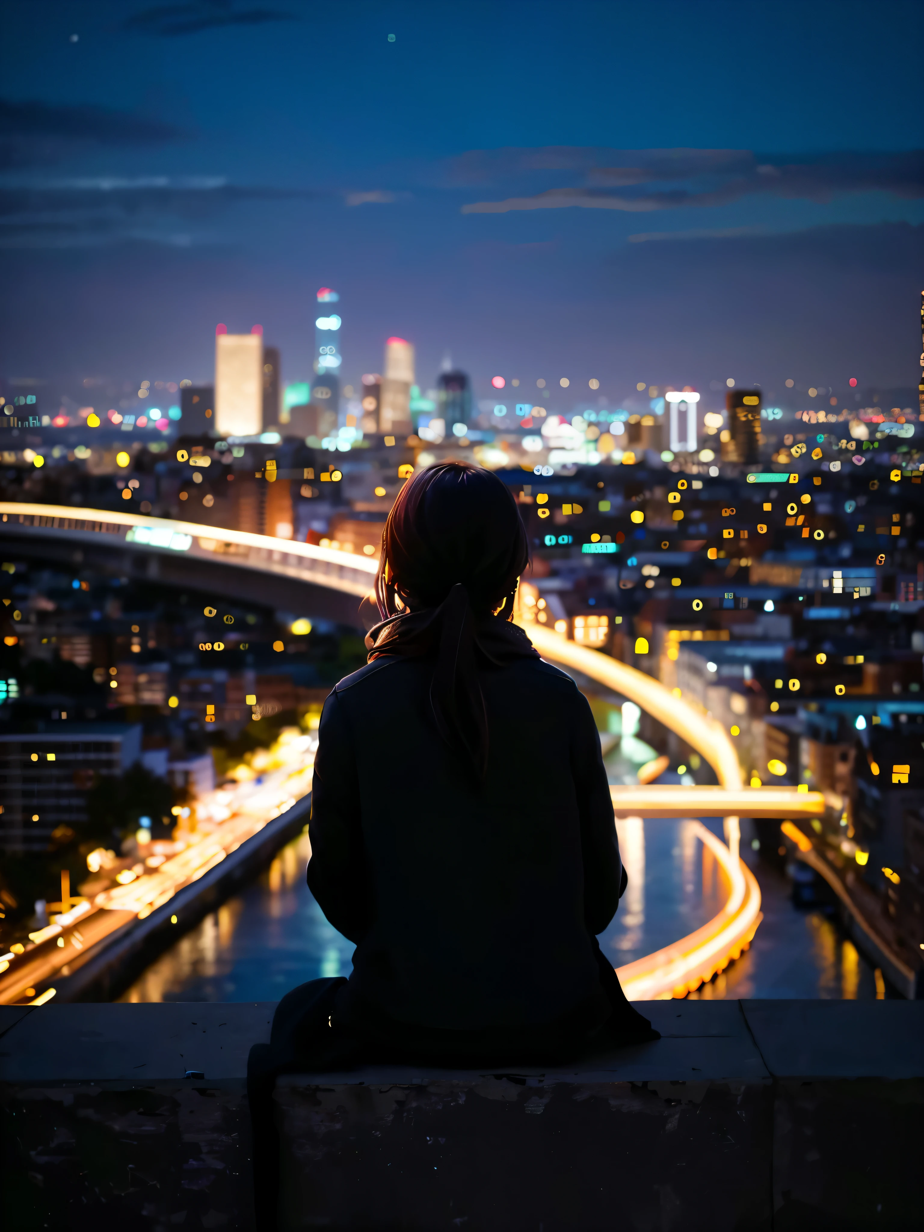 Arafed woman sitting on a ledge overlooking a city at night - SeaArt AI