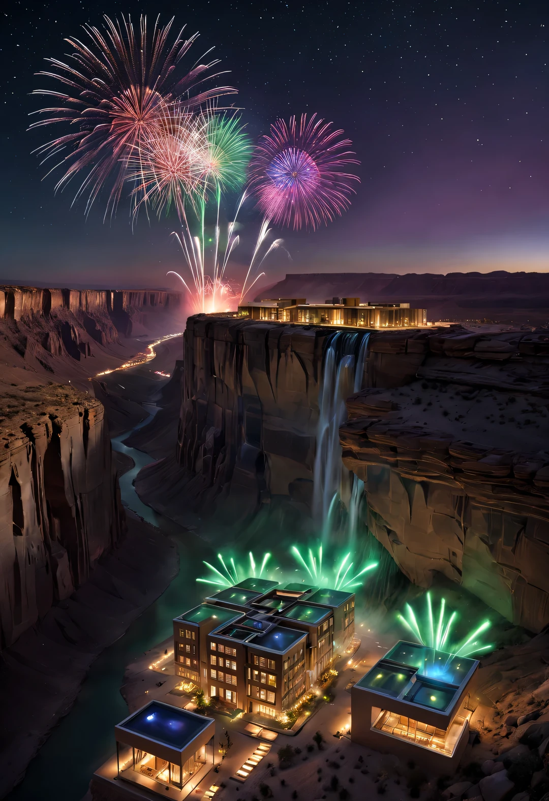 The design of the desert canyon cliff holiday wild luxury buildings flying in the sky, and the natural environment are in harmony and symbiosis. At night in the desert canyon, (aurora), stars, sky fireworks and aurora bloom,by John Pawson,by Rem Koolhaas,moonlight,aerial view, perspective, top-view, extremely detailed, best quality, masterpiece, high resolution, Hyperrealistic, 8K, top-view, high angle view,