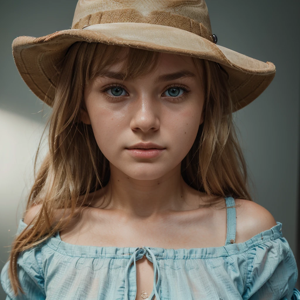 1girl, cute blonde girl, hair bangs, cowboy hat, brown cowboy dress, cyan eyes, ultra realistic soft skin, extreme detail, high masterpiece, 8k, photography, studio light, ultra realistic lighting, high realistic ray tracing, RAW photo, photo studio, perfect detailed cute face, perfect age details
