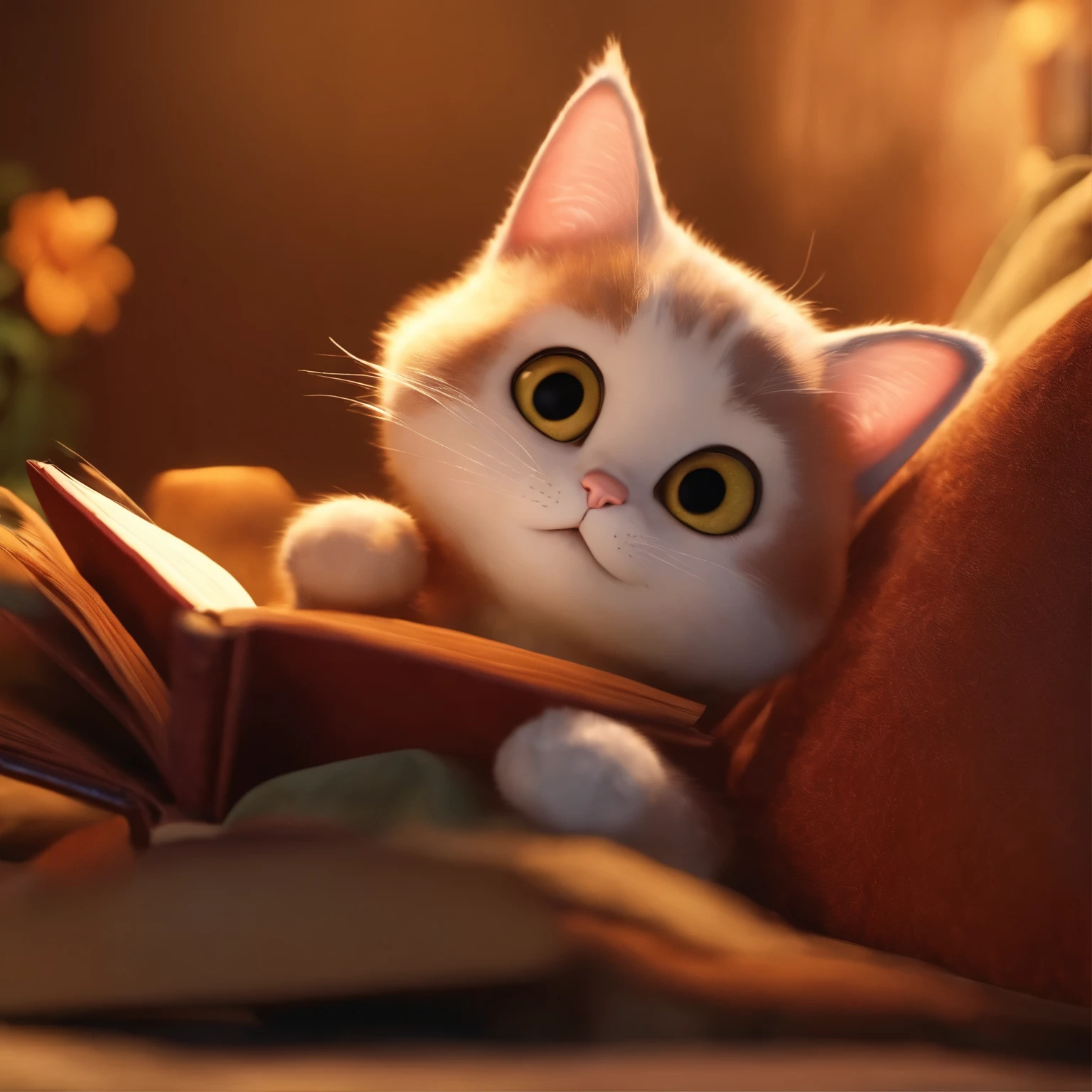 Gato fofo lendo um livro, imagem 8k, style Pixar 3D, movie --s 50 --style raw