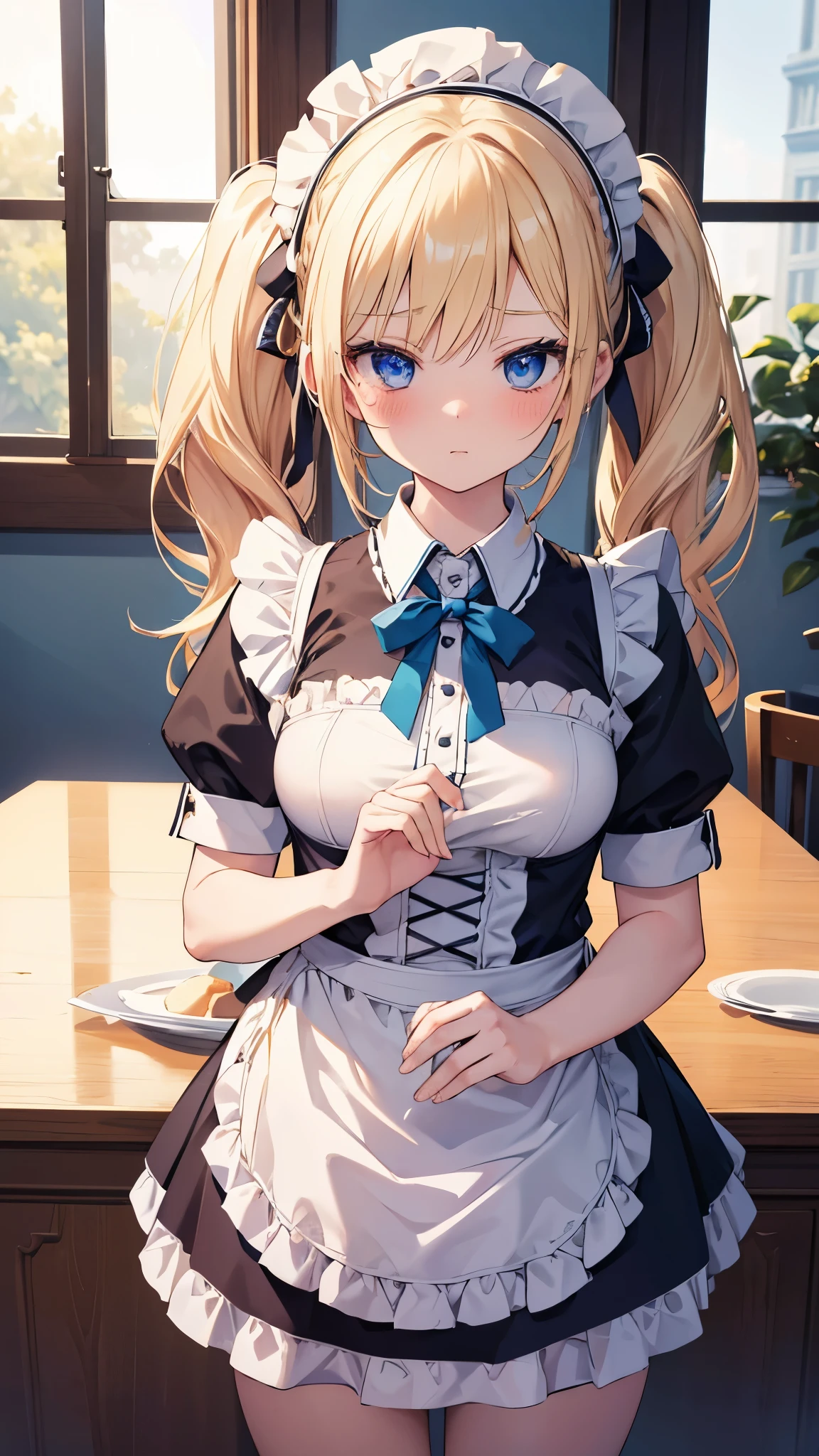 best lighting, absurdres, masterpiece, best quality, ultra-detailed illustration, (1girl:1.3), absurdres high detailed face, medium breast, long blonde hair, maid costume, apron, maid apron, maid headdress, short dress, detailed blue eyes, twintail, indoors, window, shy, blush, cute, hands in front