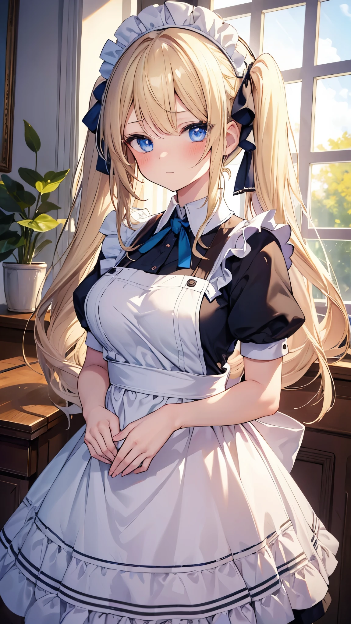 best lighting, absurdres, masterpiece, best quality, ultra-detailed illustration, (1girl:1.3), absurdres high detailed face, medium breast, long blonde hair, maid costume, apron, maid apron, maid headdress, short dress, detailed blue eyes, twintail, indoors, window, shy, blush, cute, hands in front