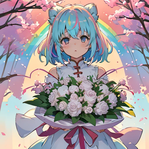 girl、Provide especially large watercolor dyes、large colorful oversized bouquet、amazing dynamism、amazing angle、Pastel sandstorm of unstable buoyancy、(((A lot of gentle oversized cotton is closely connected and chased.)))、((surround each other'branching blur rainbow onion))、Joy