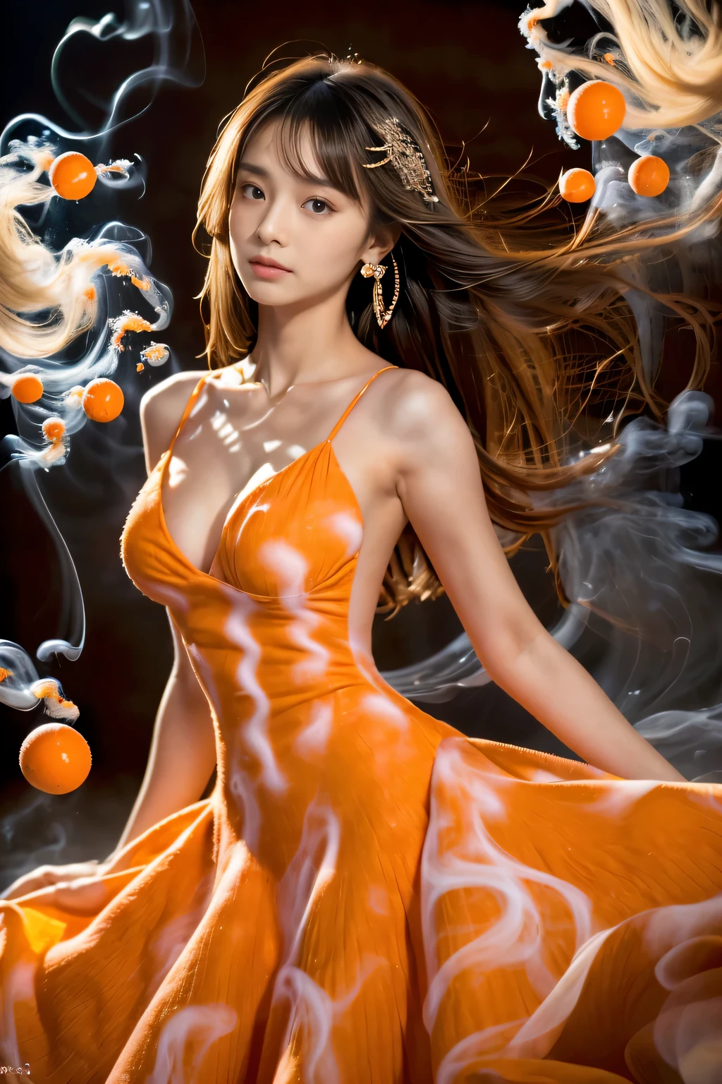 (highest quality:1.4), (8K), 32K, (Hmm), (masterpiece:1.3), Photos of beautiful Japanese women, (realistic), (Raw photo), (1 girl), (Ultra high definition), (detailed face), perfect face, (hair details), beautiful hair, bangs, layer cut, (symmetrical eyes:1.3), (fine eyes), (fine skin), realistic skin, ultra high resolution, (medium breasts), (slim body shape), (super model figures),
( Wearing a tangerine orange and white gradient long dress, (A dress made of swirling bubbles and balls of smoke:1.3), Beautiful tangerine orange gradation, long dress with long hem, high fashion, A gradation pattern of swirls of flame and smoke, high fashion), full body shot, ultra wide angle:1.2, cinematic lighting, (Standing on top of a desert canyon:1.3), in the canyon:1.3
