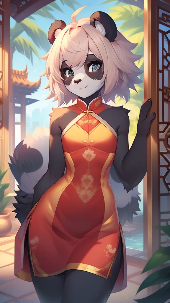 Best quality, Super detailed illustration, (1 boy:1.2), (Fluffy panda:1.4) , feminine face and body, disheveled thick hair, Chinese dress, shy smile, Femboy, Small waist, wide hips, Slim, perfect body, style "DND",