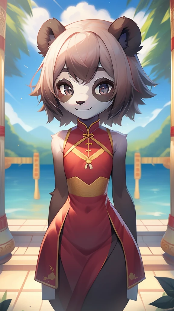 Best quality, Super detailed illustration, (1 boy:1.2), (Fluffy panda:1.4) , feminine face and body, disheveled thick hair, Chinese dress, shy smile, Femboy, Small waist, wide hips, Slim, perfect body, style "DND",