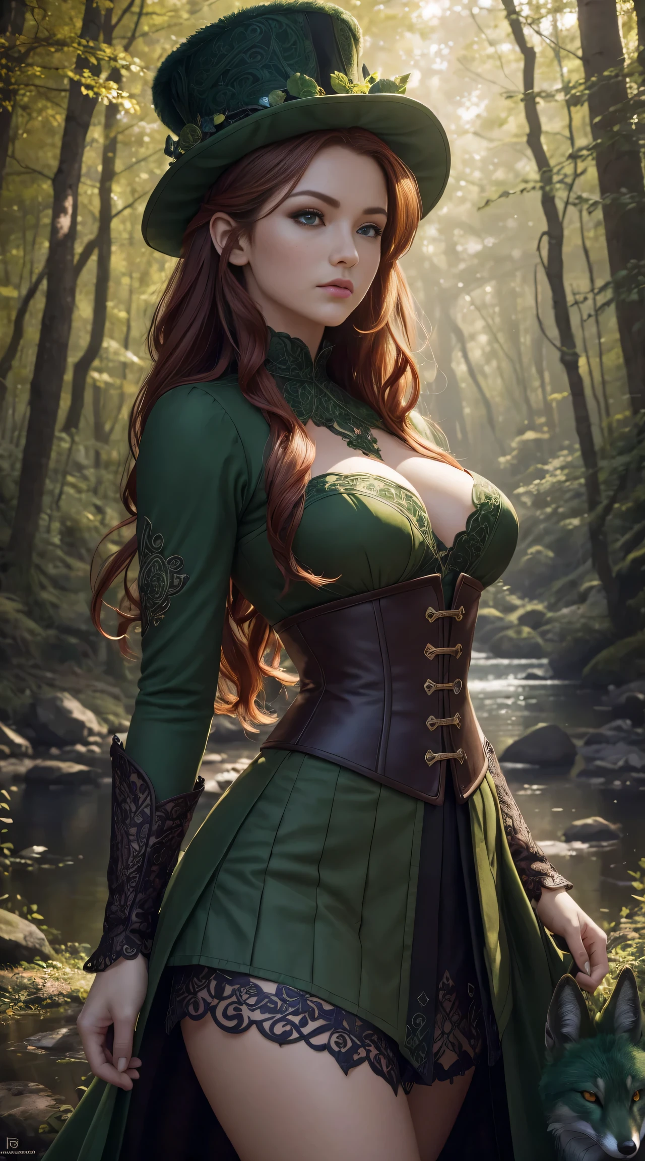 Masterpiece, high details, best quality, 8k, [ultra detailed], masterpiece, best quality, (extremely detailed), dynamic angle, ultra wide shot, RAW, photorealistic, fantasy art, dnd art, rpg art, realistic art, a wide angle picture of a female fairie ranger and her pet fox,  [[anatomically correct]]. dynamic position (1.5 intricate details, Masterpiece, best quality) talking to a fox, red fox, fantasy style, smoothlight (1.6 intricate details, Masterpiece, best quality) in forest (1.5 intricate details, Masterpiece, best quality), a female wearinodest medium length dark green skirt with corset top) with thigh high green stockings and hat (1.4 intricate details, Masterpiece, best quality), thick hair, long hair, auburn red hair, fair skin intense (brown) eyes, forest background (intense details), a stream flowing in the backgraound (1.4 intricate details, Masterpiece, best quality), dawn light, clouds (1.4 intricate details, Masterpiece, best quality), dynamic angle, (1.4 intricate details, Masterpiece, best quality) 3D rendering, high details, best quality, highres, ultra wide angle, celtic fantasy, clover, poison ivy, fae, goddess of mischief, green magic, (wearing green tophat), pixie, fairy, celtic, Autumn, beautiful autumn spirit, fall season, Dark colored roses, perfect creation, perfect art, highly detailed, detailed art, masterpiece, perfect creation, perfect art, (outlined iris), (perfect eyeull figure),
