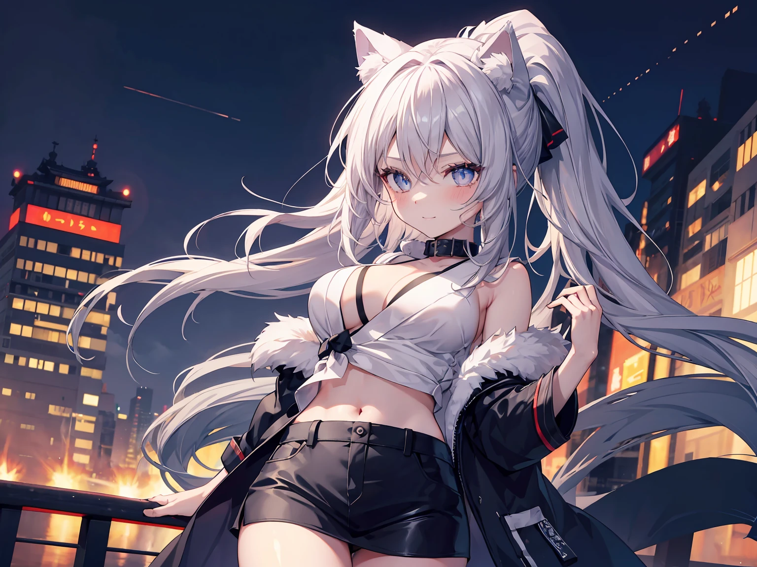 silver hair, cat collar black, eyes with sparkling flames, tits, navel, Japanese cityscape Tokyo, looking at sky, first field view, wavy ponytail, hair over shoulders, very long hair, very thick hair, beautiful detailed eyes, eyes are blue, eyes like jewels, diamond shaped pupil, hug your feet, Beautiful detailed jeweled leather collar, twin tails, wearing sunglasses, Amber eyes, animal ears, shy smile, embarrassing, blush, tornwing, high detail, anime dick, romanticism, spark, silhouette, Depth of the bounds written, ticker, retina, muste piece, curate, anatomically correct, textured skin, super detail, high details, Awards, best quality, High resolution, high quality, 16 km race, There is a cleavage in the chest