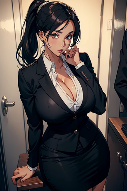 Best quality, mature woman, giant breasts, giant ass, very curvy, high ponytail, black eyes, full lips, seductive, principal uniform, black blazer, white button up, pencil skirt, exposed cleavage