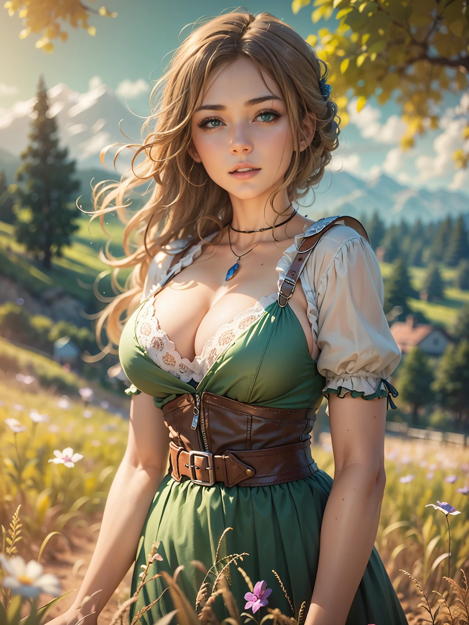 young beautiful woman, flawless skin, smooth skin, very large firm breasts, perfect proportions, peasant girl, she wears a bustier top with a very low neckline and a very short skirt, she stands in a meadow, sunshine, blue sky, green hills, anime, sexy, erotic, UHD resolution, realistic detail, realistic reflections, realistic shadows, 3D, masterpiece, art