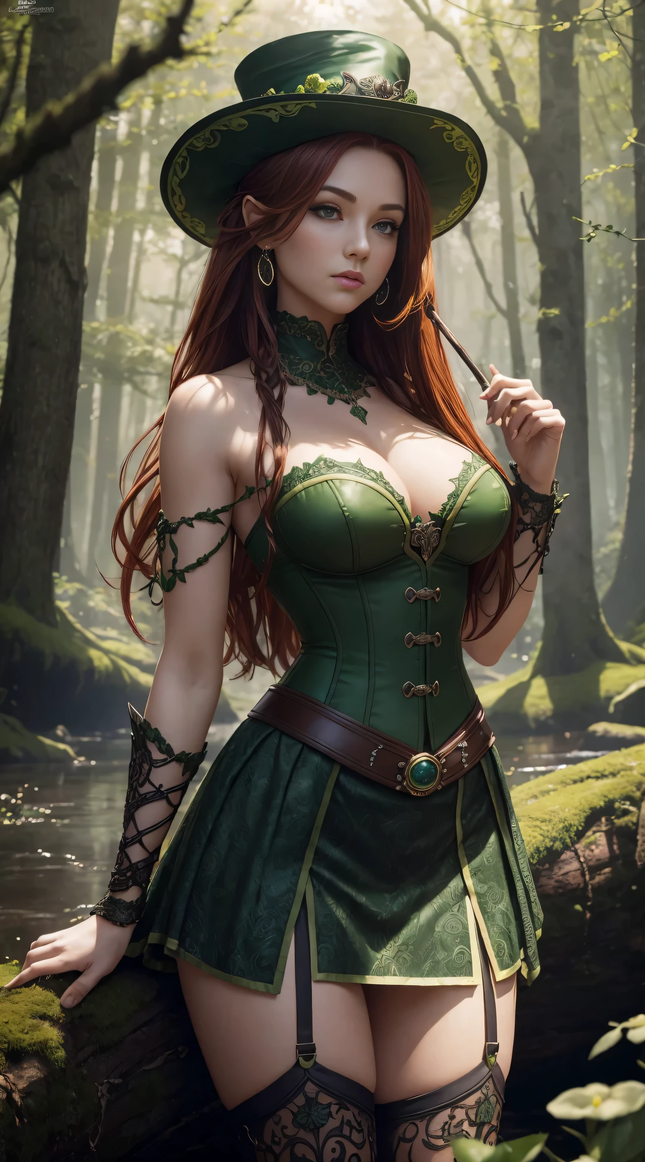 Masterpiece, high details, best quality, 8k, [ultra detailed], masterpiece, best quality, (extremely detailed), dynamic angle, ultra wide shot, RAW, photorealistic, fantasy art, dnd art, rpg art, realistic art, a wide angle picture of a female fairie ranger and her pet fox,  [[anatomically correct]]. dynamic position (1.5 intricate details, Masterpiece, best quality) talking to a fox, red fox, fantasy style, smoothlight (1.6 intricate details, Masterpiece, best quality) in forest (1.5 intricate details, Masterpiece, best quality), a female wearinodest medium length dark green skirt with corset top) with thigh high green stockings and hat (1.4 intricate details, Masterpiece, best quality), thick hair, long hair, auburn red hair, fair skin intense (brown) eyes, forest background (intense details), a stream flowing in the backgraound (1.4 intricate details, Masterpiece, best quality), dawn light, clouds (1.4 intricate details, Masterpiece, best quality), dynamic angle, (1.4 intricate details, Masterpiece, best quality) 3D rendering, high details, best quality, highres, ultra wide angle, celtic fantasy, clover, poison ivy, fae, goddess of mischief, green magic, (wearing green tophat), pixie, fairy, celtic, Autumn, beautiful autumn spirit, fall season, Dark colored roses, perfect creation, perfect art, highly detailed, detailed art, masterpiece, perfect creation, perfect art, (outlined iris), (perfect eyeull figure),