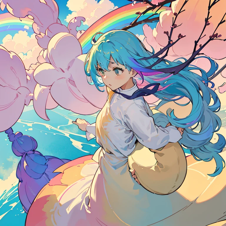 girl、provide large watercolor dyes、large colorful oversized bouquet、amazing dynamism、amazing angle、Pastel sandstorm of unstable buoyancy、(((A lot of gentle oversized cotton is closely connected and chased.)))、((surround each other&#39;branching rainbow pod))、Joy