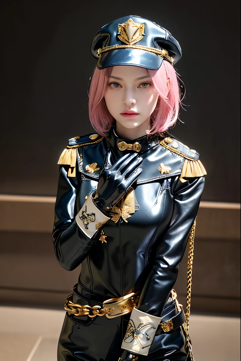 (8K, top-quality, masterpiece:1,2), (reallistic, Photorealsitic:1.37), Super Detail, One girl,), (Highly detailed), (beautifully detailed eyes), (of the highest quality), (super detailed ), (masterpiece), (Detailed face),20yr old, ,1 girl, full body, pink hair,Very short hair, medium breasts, clothed, Perfect Lighting, pussy and breast focus, looking at viewer, aroused face, naughty face, (black and gold theme:1.4), (fit body:1.3), (black peaked cap:1.4), (latex tight black cat suit with black collar:1.4), ((Jabot, cravate):1.4), (Black short cape with elaborate gold embroidery:1.3), ((gold epaulet, gold Aiguillette):1.3), (belt with gold buckle:1.3), (platform HIGH boots:1.1), (glove:1.3), ((Chained: 1.5, rope, handcuffs, yielding, submission, domination