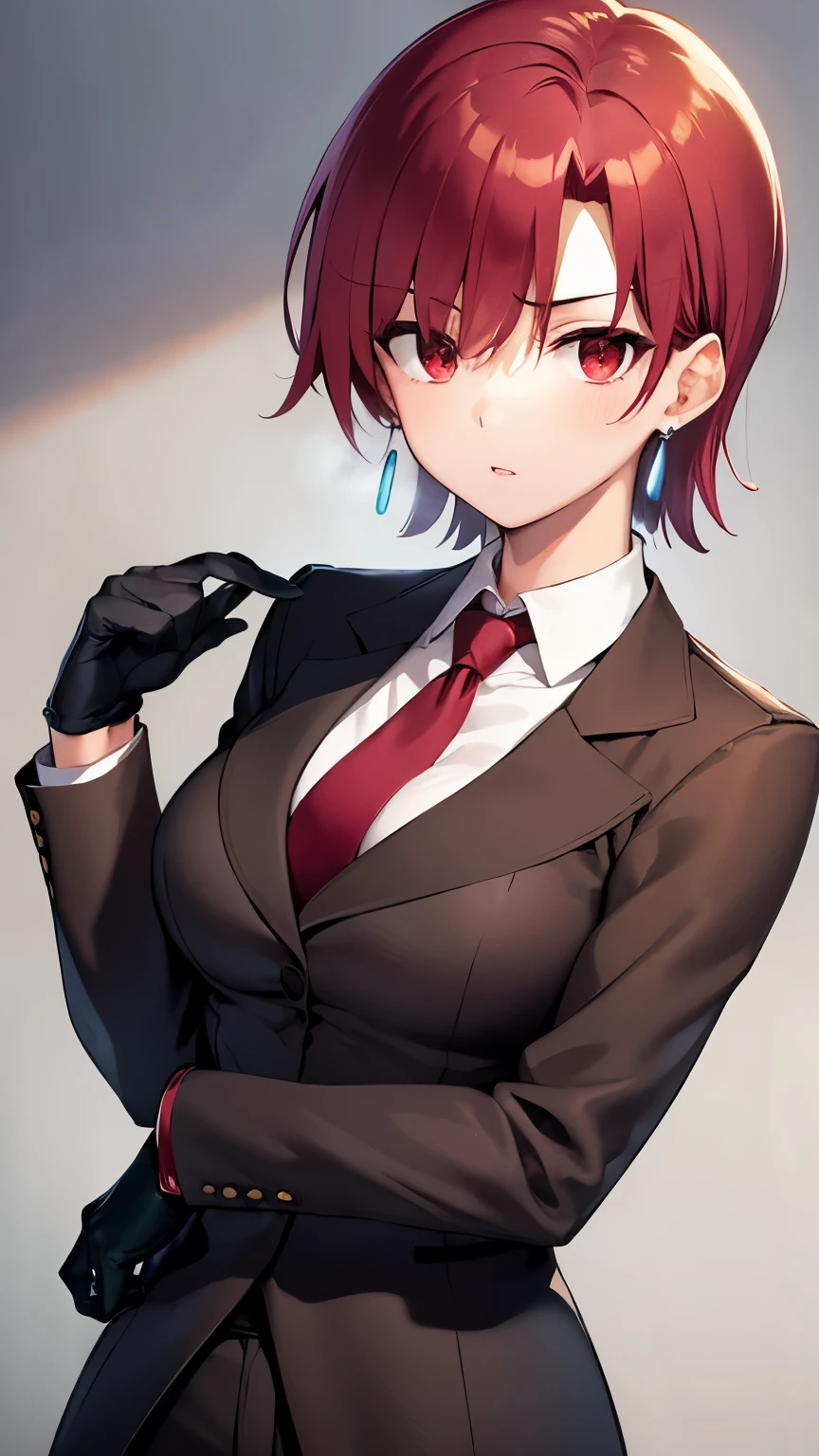 (masterpiece, best quality:1.2), bazett, fgo, 1girl, solo, short hair, red hair, bangs, red eyes,  large breasts, black gloves, formal suit, necktie, jacket, upper body, earrings, 