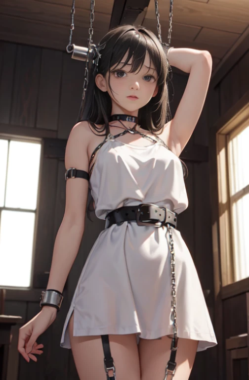 ((masterpiece)), ((best quality)), (ultra-detailed), NSFW, ,((torture chamber)),a cute girl, 1girl, solo, (white mini tanktop dress),(chain bound arms), ((tied to an torture chair)), BDSM,shibari,restrained,((thin waist)),(((single narrow belt bound waist))),beautiful brown hair, beautiful blue eyes, (beautiful eyes), long hair,troubled expression