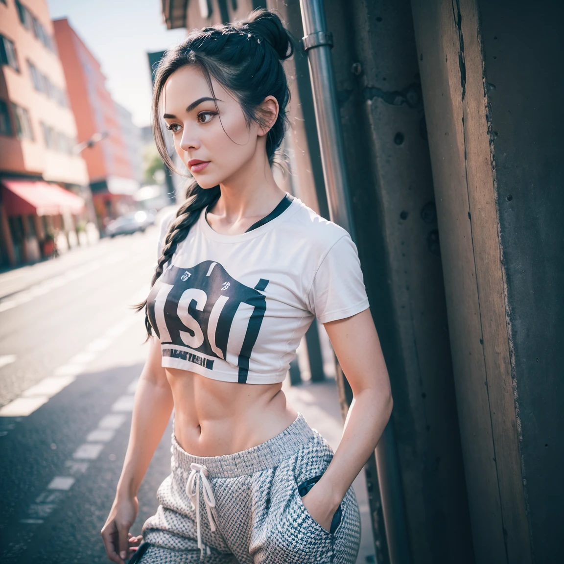 gorgeous cute Austrian girl, (crop tshirt top), Steel gray hair loose braided hair, comics printed shirt, oversized gym pants, lean against the street pole, backstreet, hip-hop, hands in pockets, perfectly symmetrical face, detailed skin, vivid colours, HDR, hard shadows, art photography, soft focus, masterpiece, breathtaking, atmospheric perspective, diffusion, pore correlation, skin imperfections, 80mm Sigma f2, depth of field, intricate natural lighting
