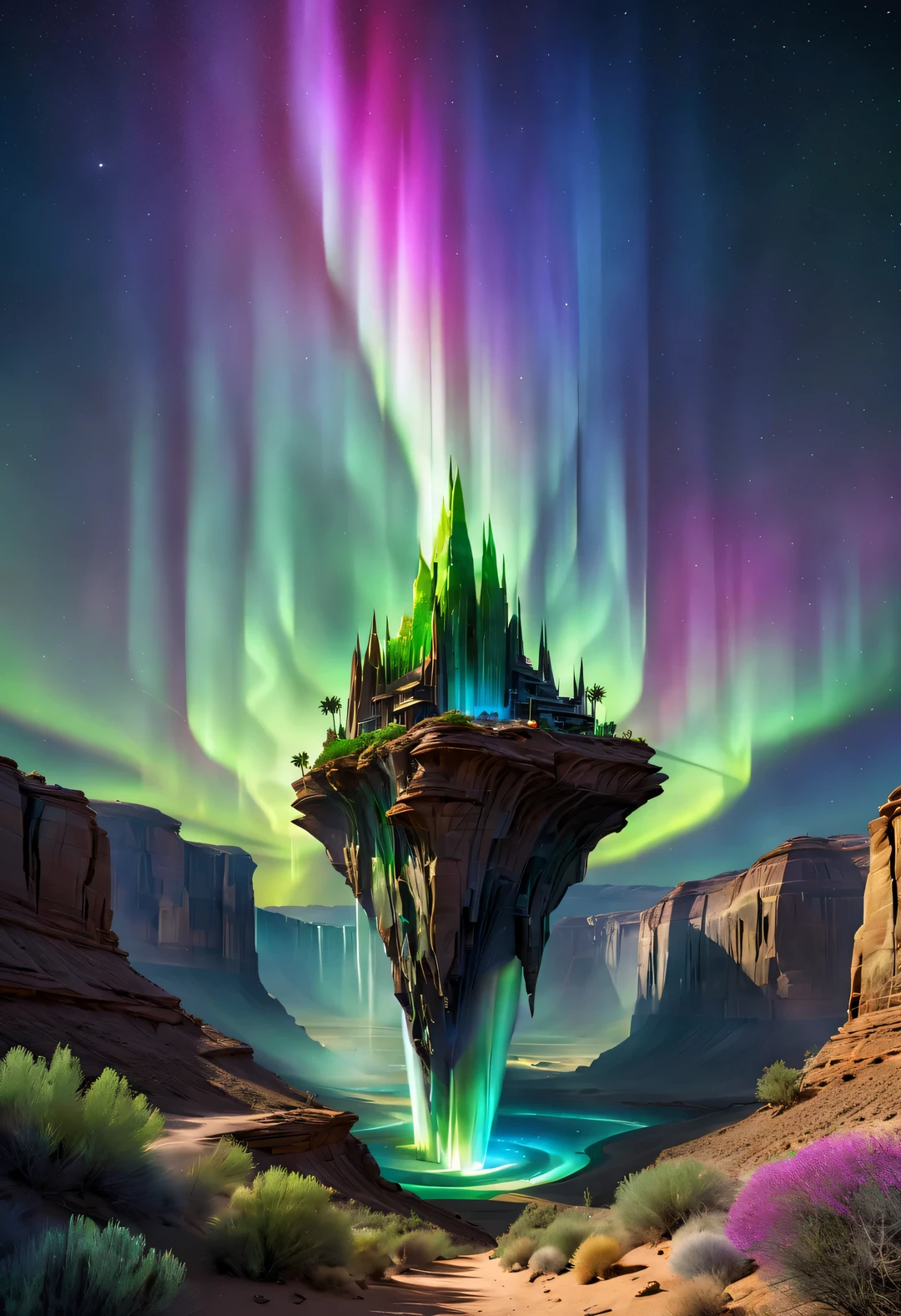 Desert Canyon Cliff Vacation Wild Luxury Alien Building Flying Design, Blending with Natural Environment, Desert Canyon Night, (Aurora), Stars, Sky Color
Aurora blooms,,by John Pawson,moonlight,extremely detailed, best quality, masterpiece, high resolution, Hyperrealistic, 8K, top-view,  high angle view,  low angle view,  