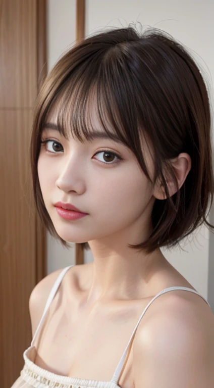 Super detailed, High resolution, (realistic, photorealistic:1.4), 8K, RAW photo, (masterpiece), (highest quality), Physically based rendering, full nude、female university student,Korea, By appearance, nothing to wear、((highest quality, 8K: 1.3)), 1 girl, Slim abs beauty: 1.3, super detailed face, delicate eyes, double eyelid, shy smile, whole body、Self-snapping、short hair
