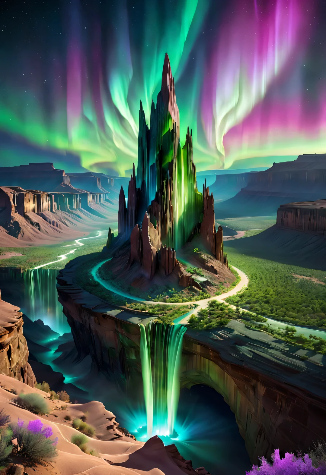 Desert Canyon Cliff Vacation Wild Luxury Alien Building Flying Design, Blending with Natural Environment, Desert Canyon Night, (Aurora), Stars, Sky Color
Aurora blooms,,by John Pawson,moonlight,extremely detailed, best quality, masterpiece, high resolution, Hyperrealistic, 8K, top-view,  high angle view,  low angle view,  