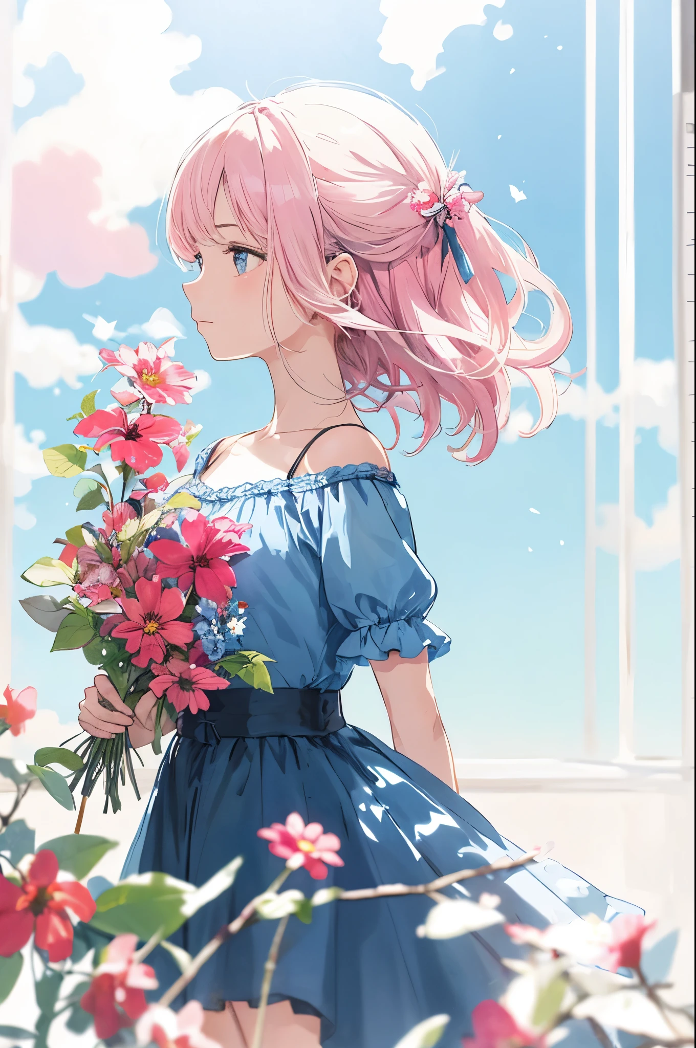 (blurry background:1.3), (blue background:1.3), (extremely detailed fine touch:1.3), (hard light, studio light, light rays, dappled light, reflection, shadows, ray tracing:1.0), (rough sketch:1.3), ///, kawaii girl, blue short hair, girly dress, night, star, milky way, horizon, sky, clouds, rainbow, stars, (milky way:1.3), wind, city, upper body, tower, black flower, (pink cloud:1.3), (red flower:1.3), profile
