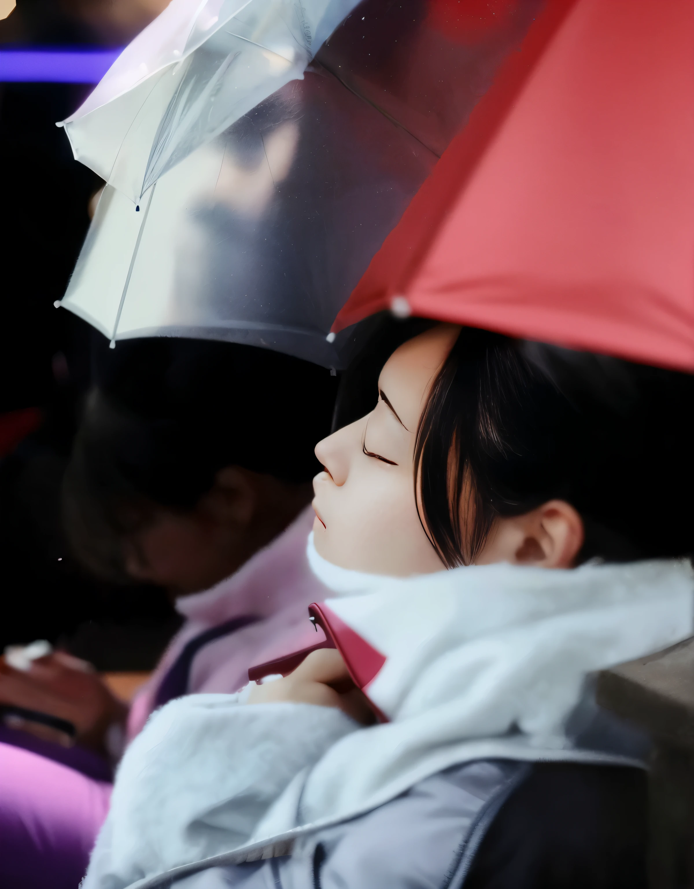 There is a woman sitting on the bench,Holding a red umbrella, sleepy expression, Sleeping princess!!!!, calm night. Over-the-shoulder lens, Eyes closed or unable to see, Close-up from the side, photo of an audience member, person in foreground, Over-the-shoulder shooting, Very very low quality pictures, li zixin, , Head up, tired half closed
