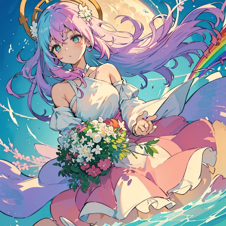 girl、provide large watercolor dyes、large colorful oversized bouquet、amazing dynamism、amazing angle、Pastel sandstorm of unstable buoyancy、(((A lot of gentle oversized cotton is closely connected and chased.)))、((surround each other'branching rainbow branch))、Joy