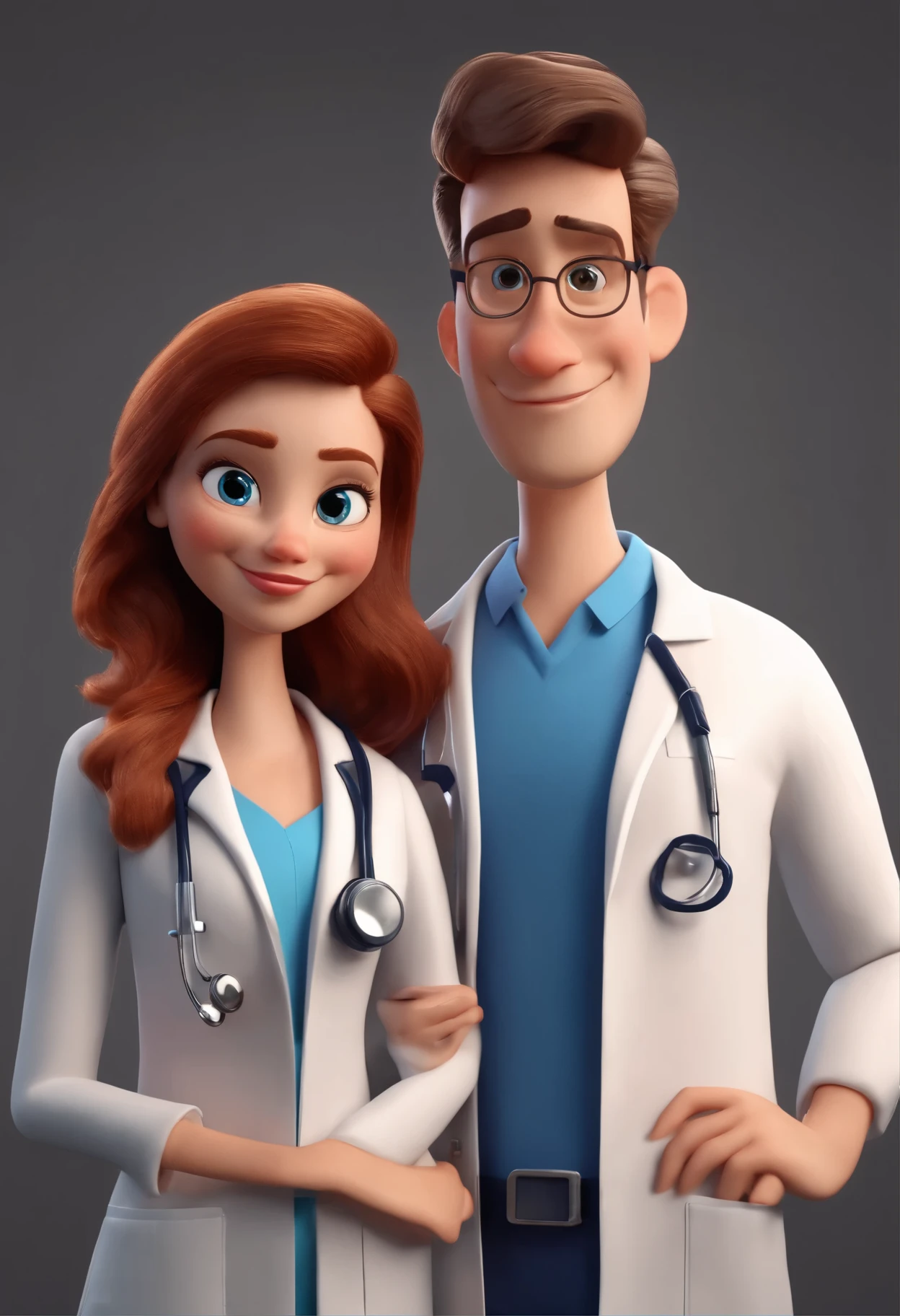 Cartoon Character Young Doctor Couple Wearing Lab Coat And Stethoscope , um personagem animado, Caractere estilizado, animation style rendering, 3D estilizado, , 3 d render stylized, toon render keyshot, Personagem 3D, Personagem 3D, 3d rendering stylized, 3 d character render, personagem de desenho animado, Personagem de close up, Pose de personagem, (Estilo Pixar) (Bokeh) (melhor qualidade) (pele detalhada) (textura detalhada) (8k) (argila) (Cinematic lighting) (sharp focus,Senta e vaza a parte superior do corpo