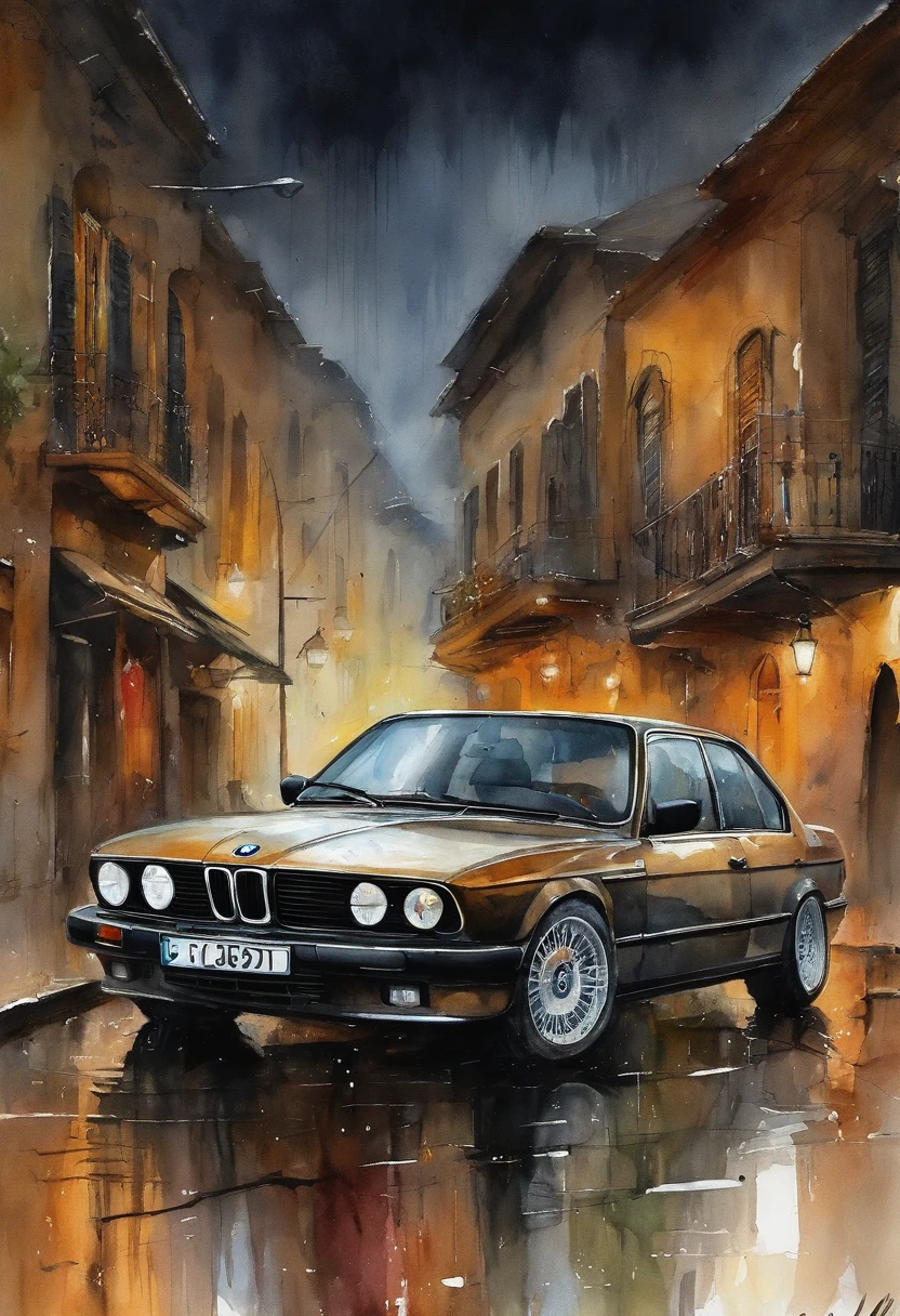 BMW，style cyberpunk，Rainy evening , Ambiance algeria