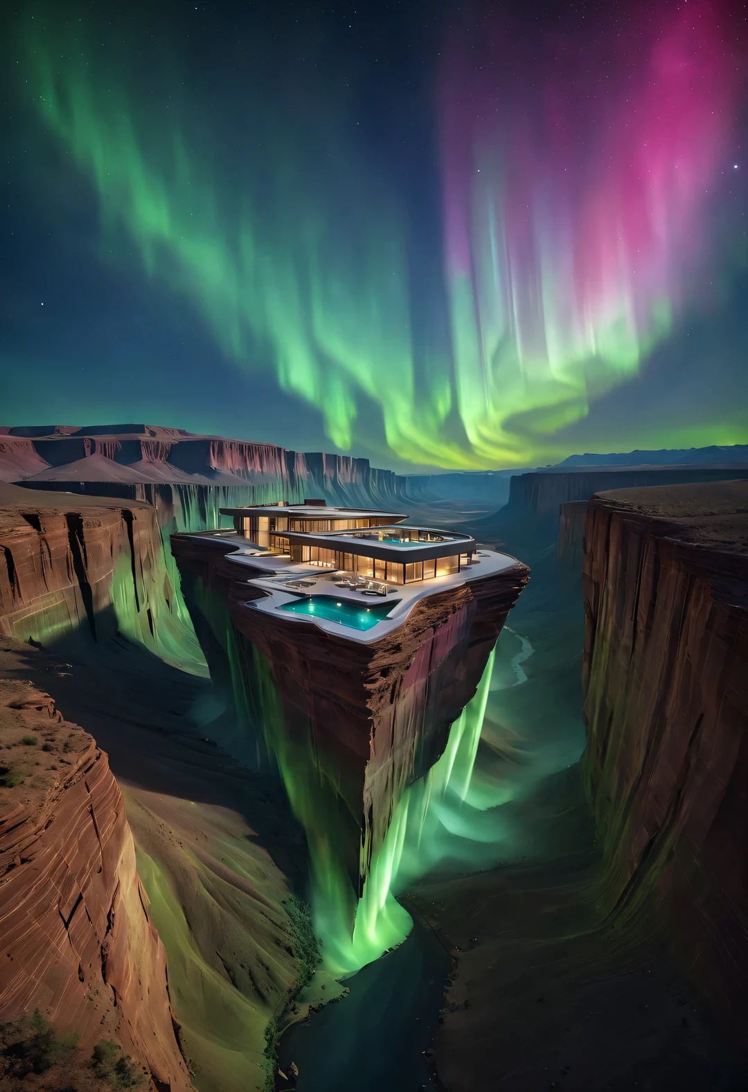 Desert Canyon Cliff Holiday Wild Luxury Building Design Flying in the Sky, Blending with the Natural Environment, Desert Canyon Night, (Aurora), Stars, Sky Color
aurora bloom,by John Pawson,moonlight,aerial view, extremely detailed, best quality, masterpiece, high resolution, Hyperrealistic, 8K, top-view,  high angle view,  